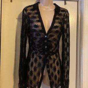 Free People Black Long Sleeve Sheer Blouse with Notched Collar and Fitted Style